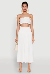 Womens Airy Smocked High Waist Skirt, White,