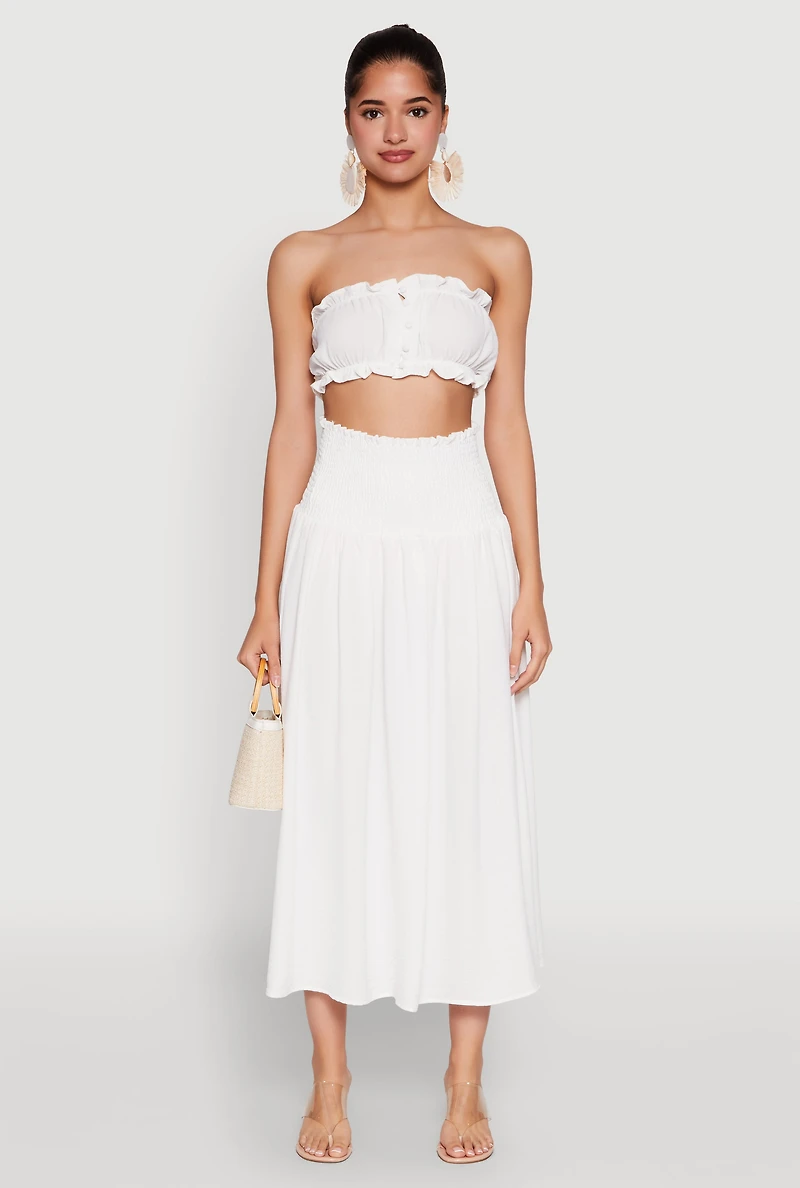 Womens Airy Smocked High Waist Skirt, White, Size L