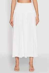 Womens Airy Smocked High Waist Skirt, White,