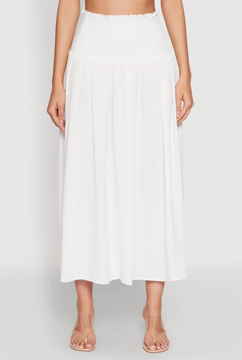 Womens Airy Smocked High Waist Skirt, White, Size L