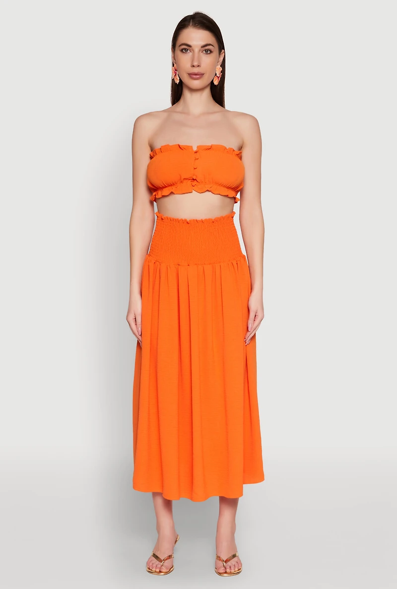 Womens Airy Smocked High Waist Skirt, Orange, Size XL