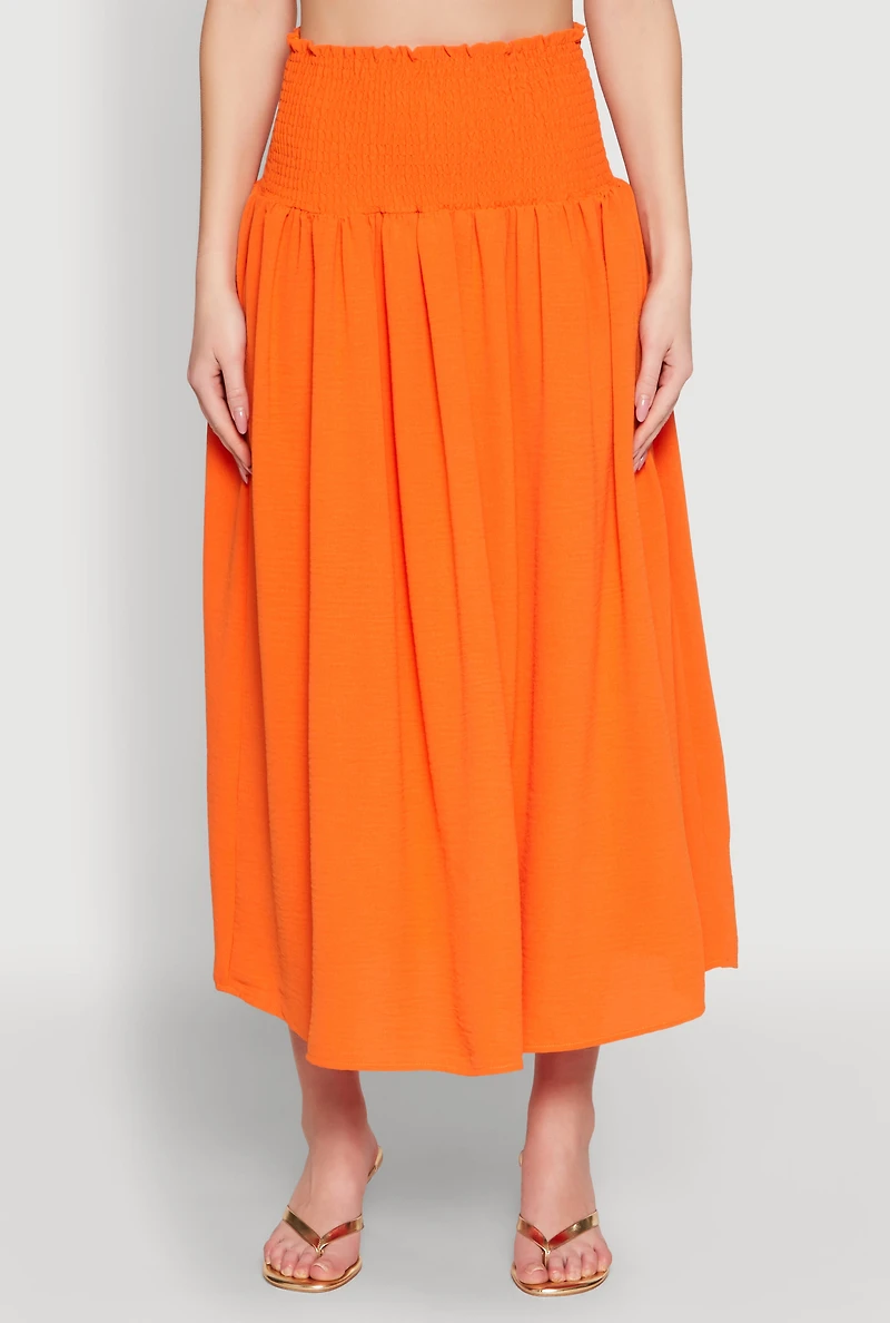 Womens Airy Smocked High Waist Skirt, Orange, Size XL