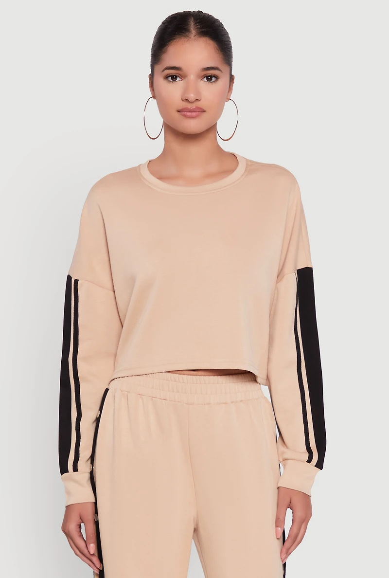 Womens Contrast Trim Drop Shoulder Crop Top, Beige, Size XL