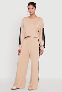 Womens Contrast Trim Drop Shoulder Crop Top, Beige, Size L