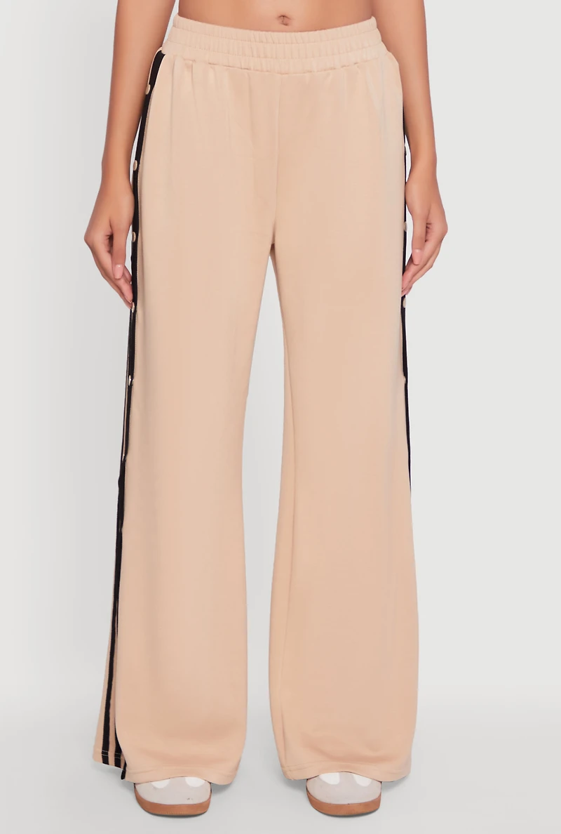 Womens Varsity Stripe Snap Button Side Track Pants, Khaki, Size M