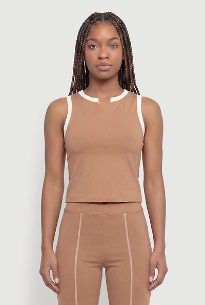 Contrast Trim Notch Neck Crop Top