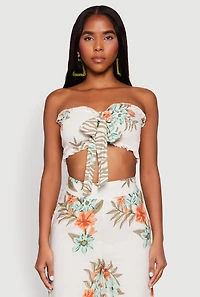 Womens Floral Smocked Tie Front Tube Top, Multi, Size L