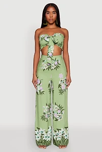 Womens Floral Smocked Tie Front Tube Top, Green, Size M