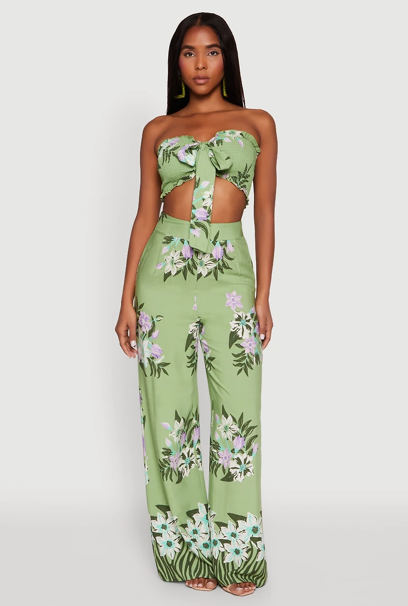 Floral Smocked Tie Front Tube Top