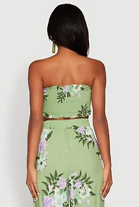 Womens Floral Smocked Tie Front Tube Top, Green, Size M