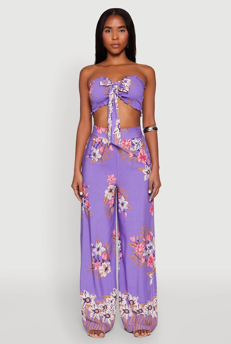 Womens Floral Smocked Tie Front Tube Top, Purple, Size L