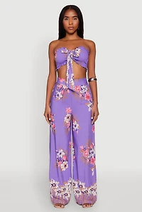 Womens Floral Smocked Tie Front Tube Top, Purple, Size L