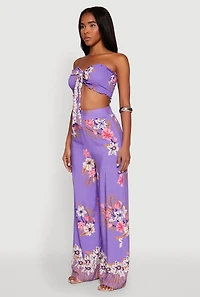 Womens Floral Smocked Tie Front Tube Top, Purple,