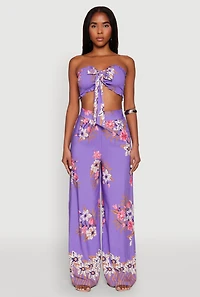Womens High Waist Floral Palazzo Pants, Purple, Size M