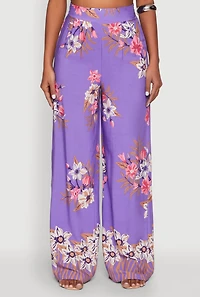 Womens High Waist Floral Palazzo Pants, Purple, Size M