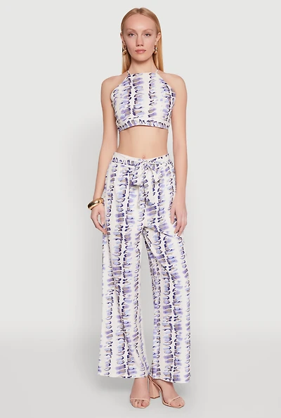 Brush Stroke Print Tie Waist Pants