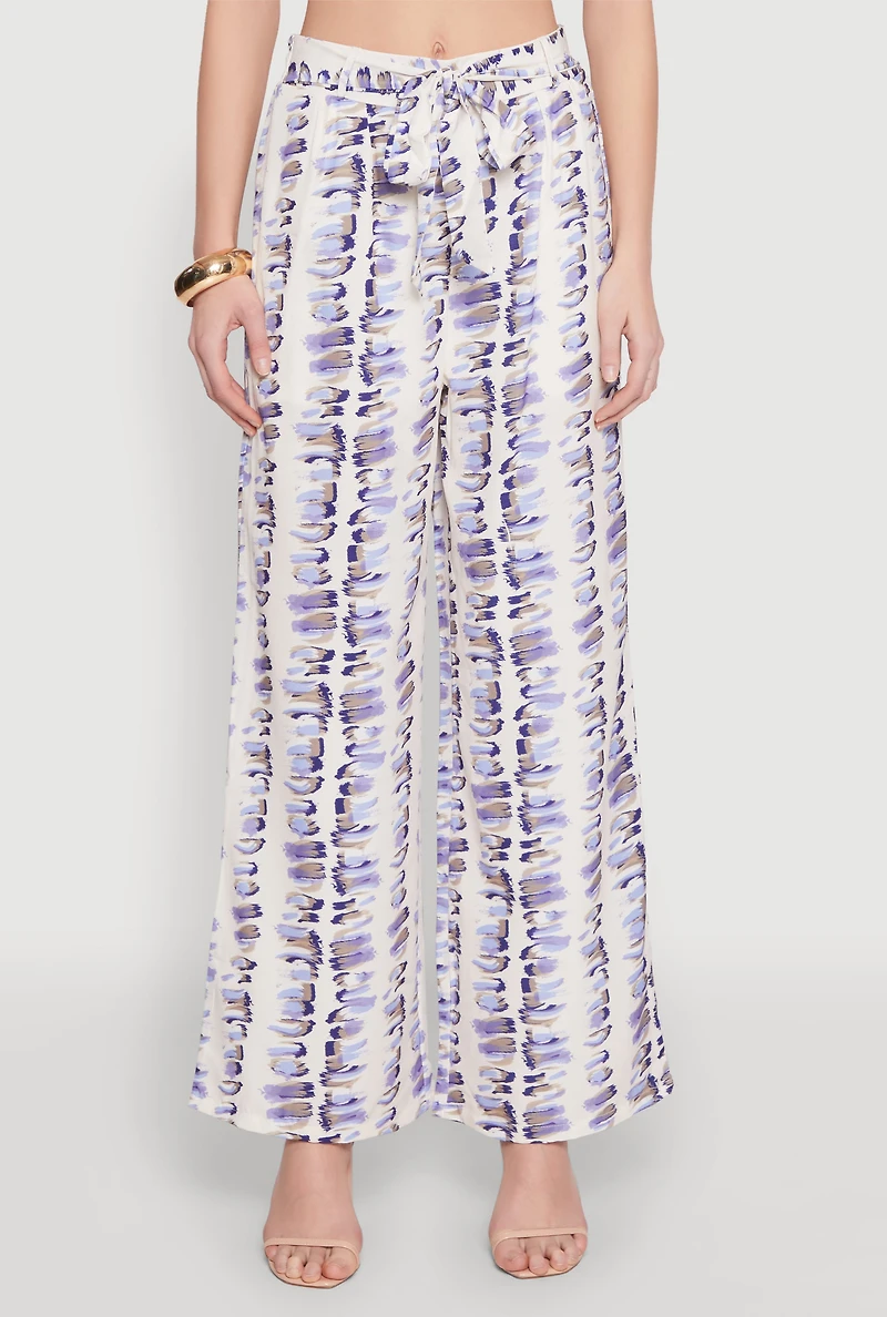 Womens Brush Stroke Print Tie Waist Pants, Multi, Size L
