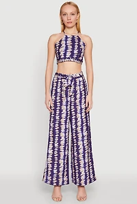 Womens Brush Stroke Print Tie Waist Pants, Multi, Size L