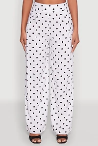 Womens High Waisted Polka Dot Palazzo Pants, White, Size M