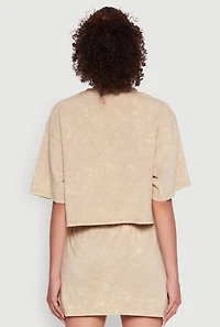 Womens Trendy Mineral Wash Entire Vibe Graphic Oversized Tee, Beige, Size L