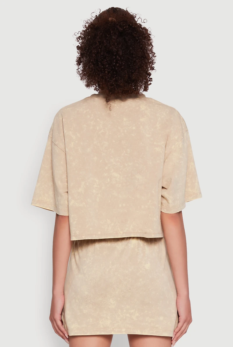 Womens Trendy Mineral Wash Entire Vibe Graphic Oversized Tee, Beige, Size L