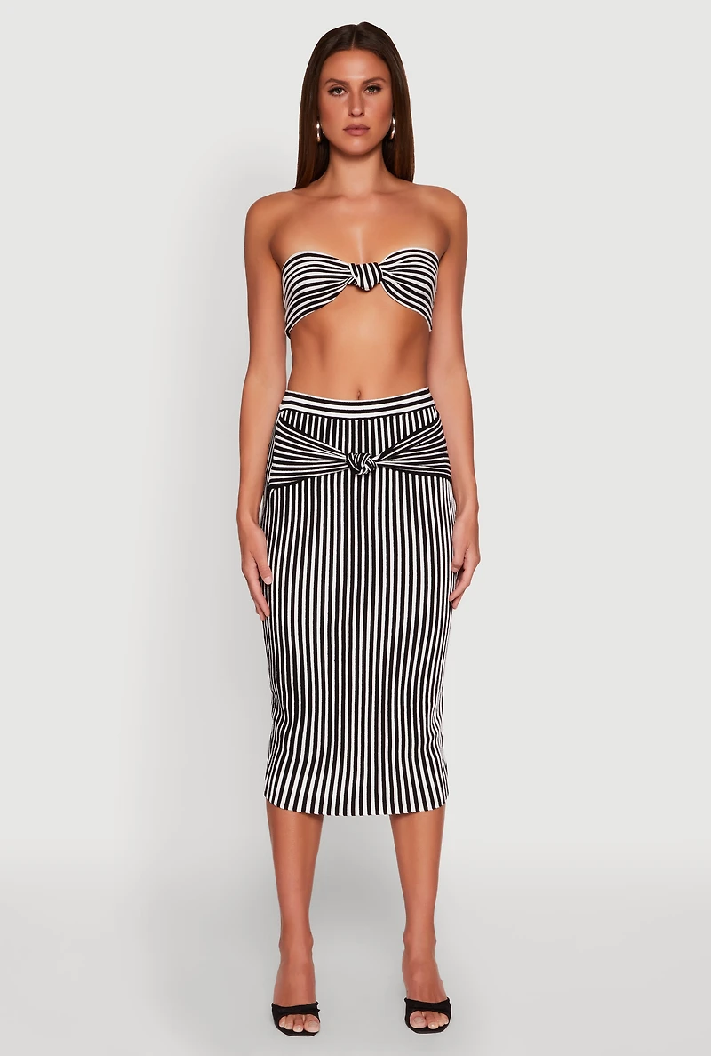 Womens Striped Knot Front Knit Bandeau Top,