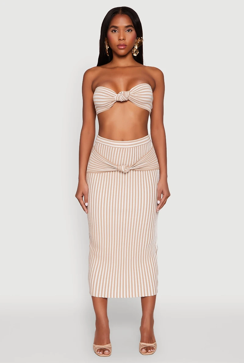 Womens Striped Knot Front Knit Bandeau Top, Beige, Size XL