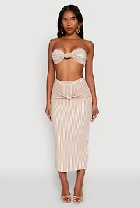Womens Striped Knot Front Knit Bandeau Top, Beige, Size XL