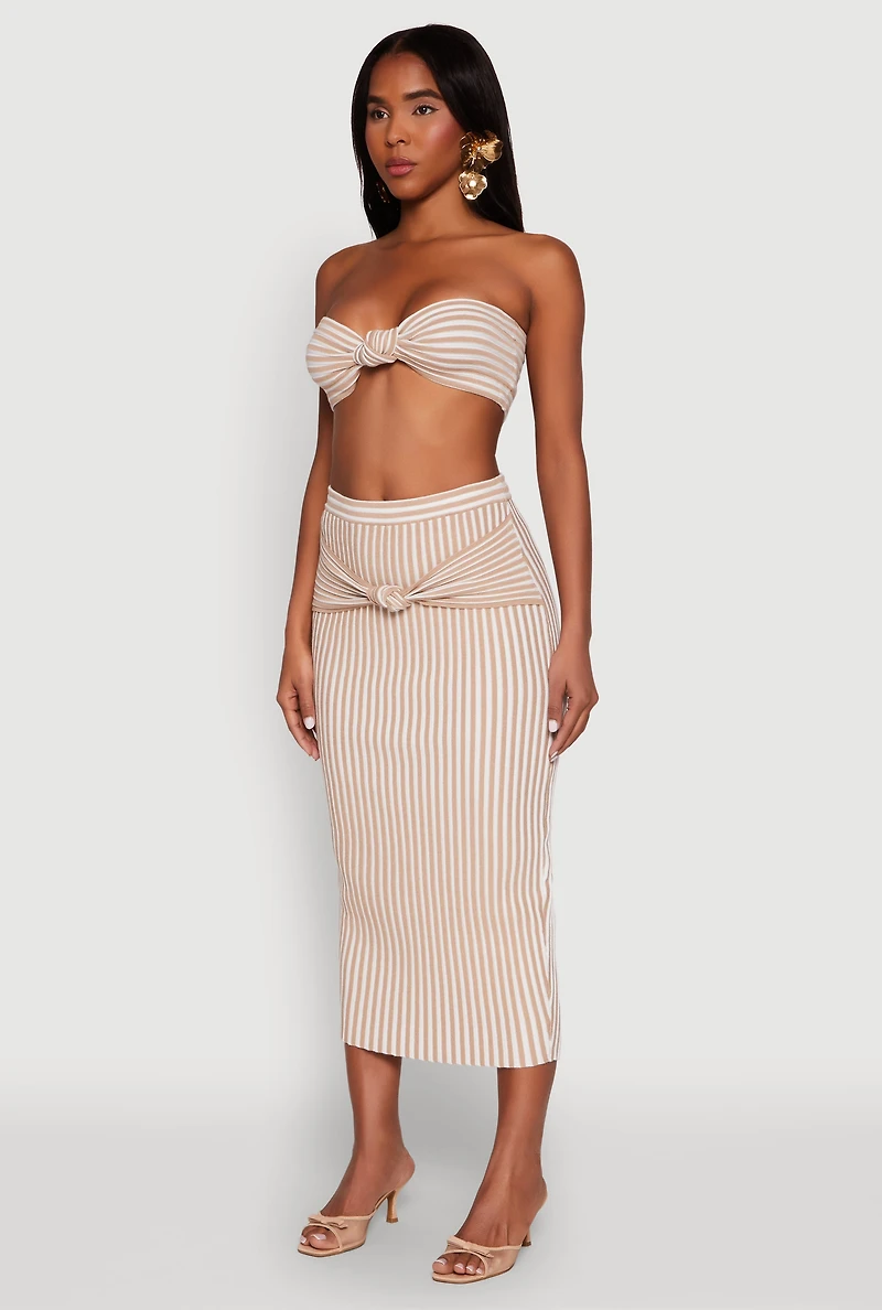 Womens Striped Knot Front Knit Bandeau Top, Beige, Size XL