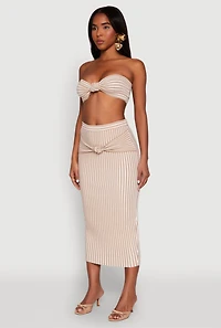 Womens Striped Knot Front Knit Bandeau Top, Beige, Size XL