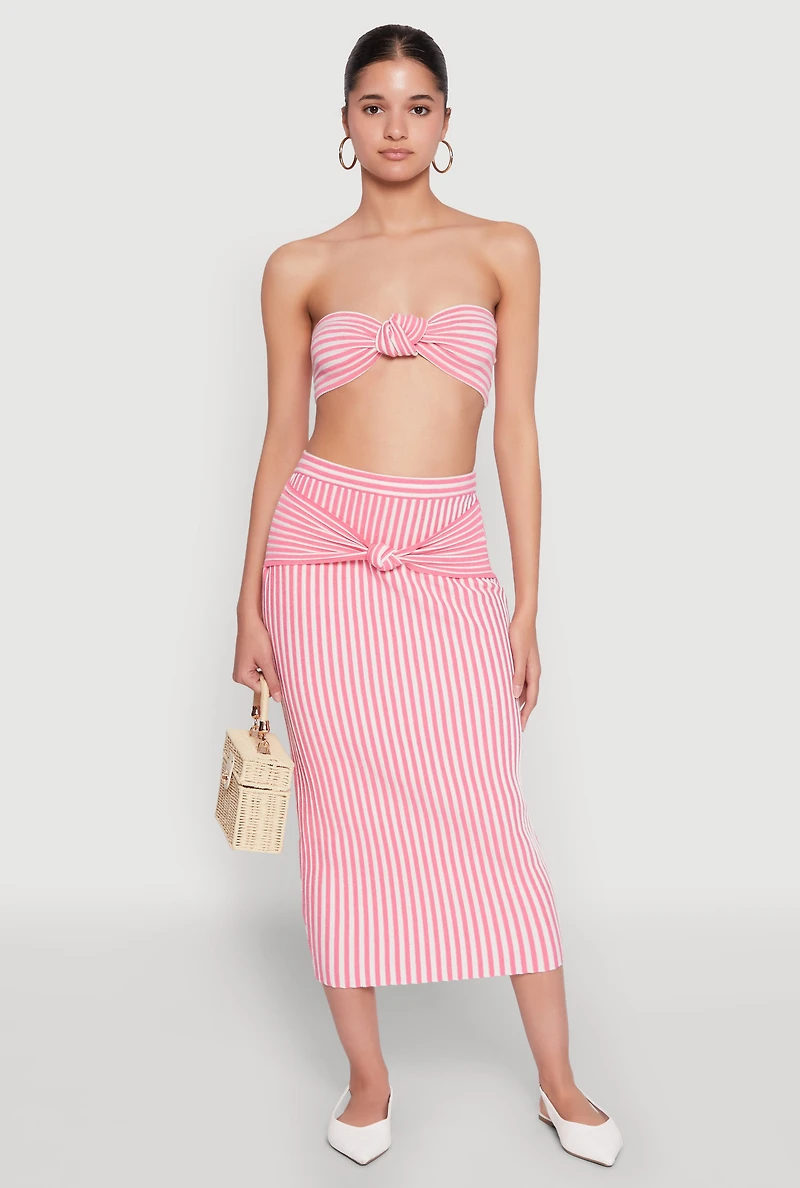 Womens Striped Knot Front Knit Bandeau Top, Pink, Size S