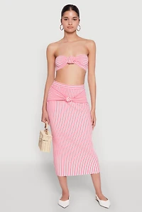 Womens Striped Knot Front Knit Bandeau Top, Pink, Size S