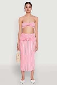Womens Striped Knot Front Knit Bandeau Top, Pink, Size S