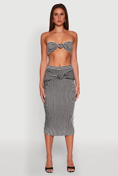 Striped Knot Front Knit Pencil Skirt