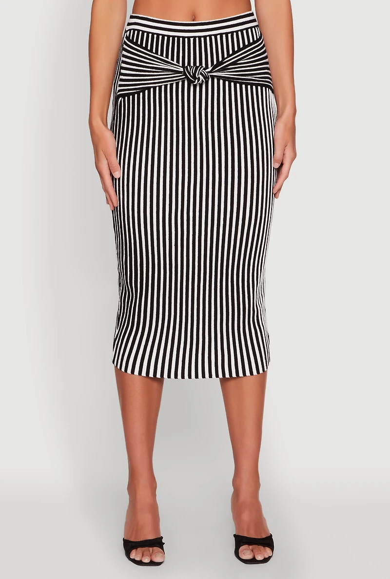 Womens Striped Knot Front Knit Pencil Skirt, L