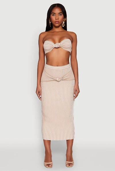 Womens Striped Knot Front Knit Pencil Skirt, Khaki, Size XL