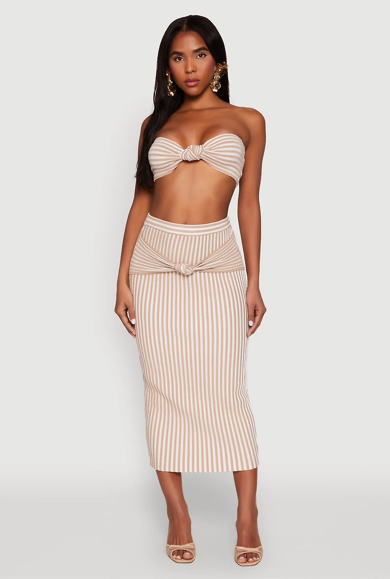 Womens Striped Knot Front Knit Pencil Skirt, Khaki, Size XL