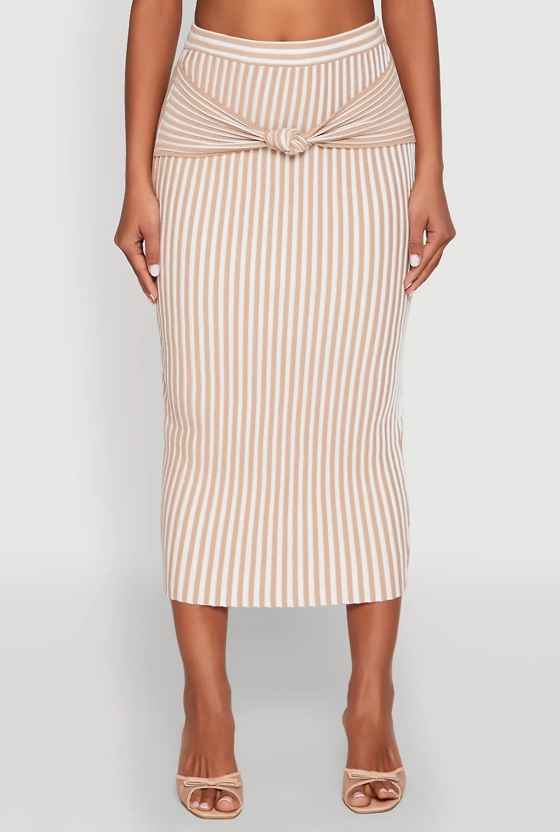 Womens Striped Knot Front Knit Pencil Skirt, Khaki, Size XL