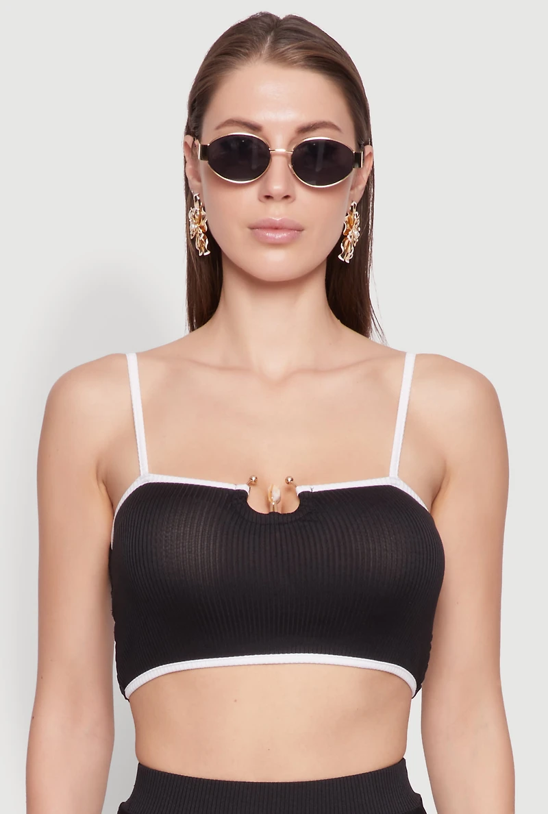 Womens Metallic Notch Neck Contrast Trim Crop Top, Black, Size M