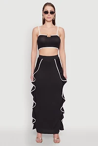 Womens Metallic Notch Neck Contrast Trim Crop Top, Black, Size M