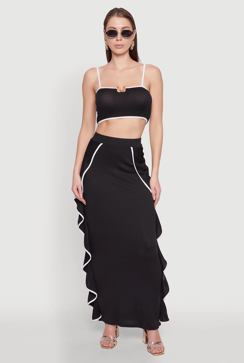 Womens Metallic Notch Neck Contrast Trim Crop Top, Black, Size L