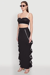 Womens Metallic Notch Neck Contrast Trim Crop Top, Black, Size M