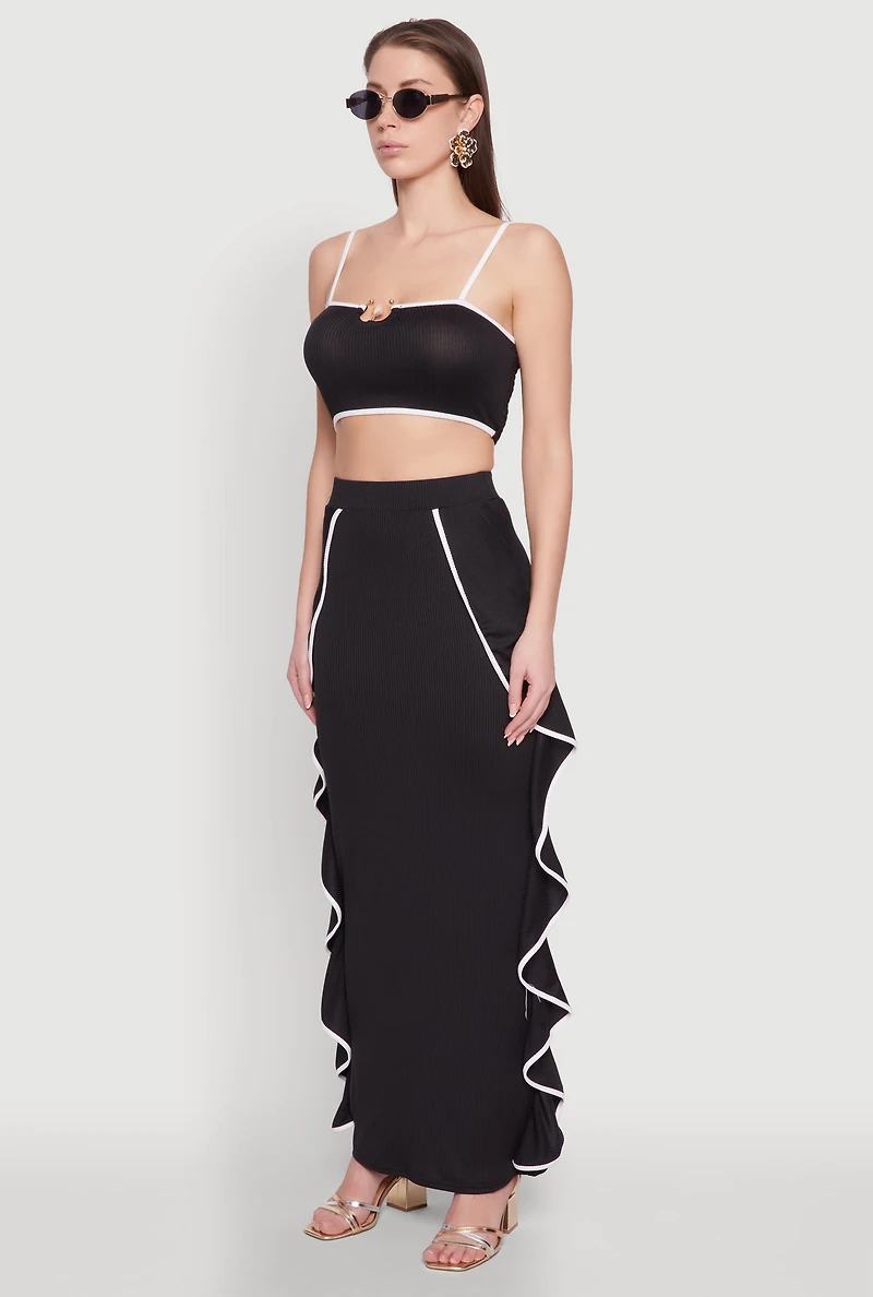 Womens Metallic Notch Neck Contrast Trim Crop Top, Black, Size L