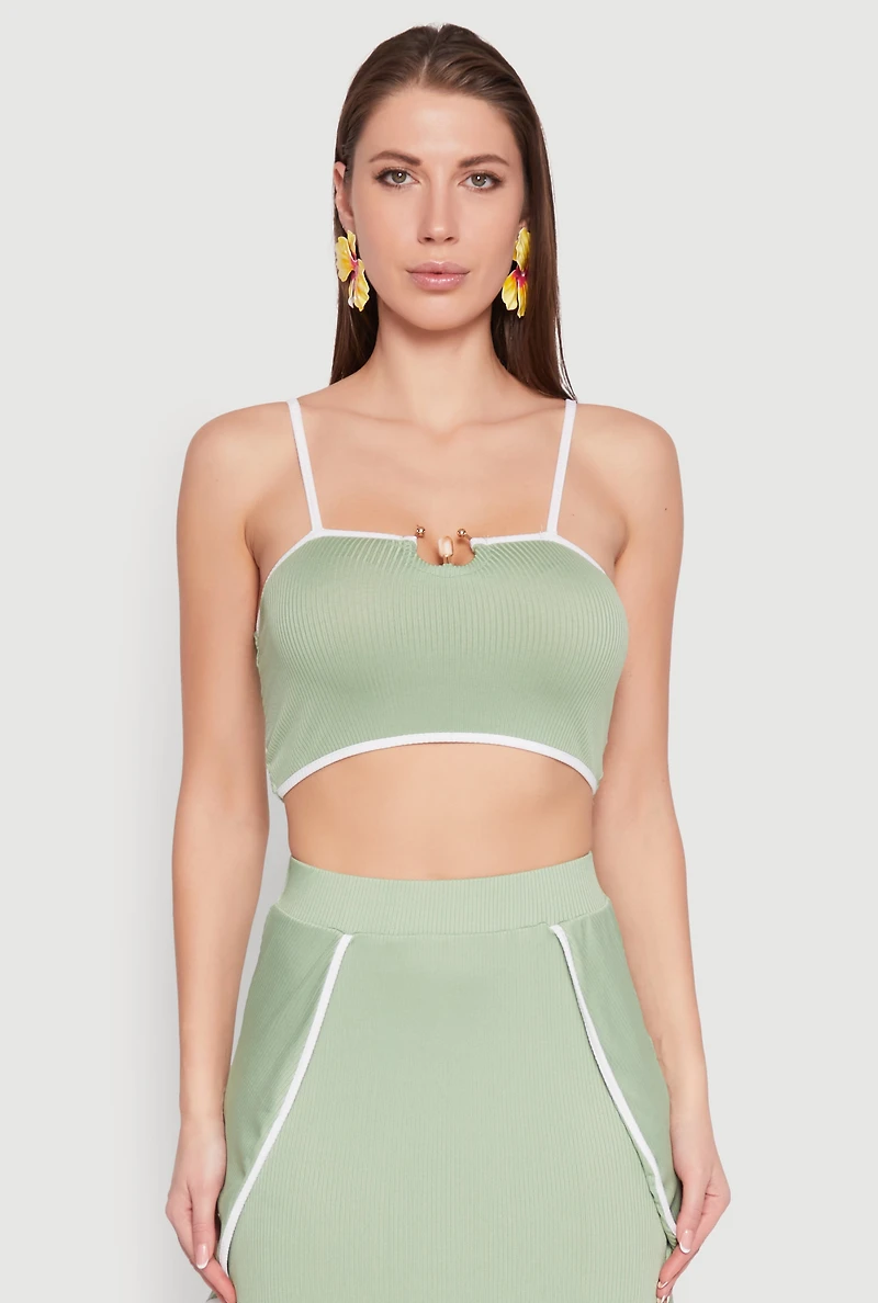 Womens Metallic Notch Neck Contrast Trim Crop Top, Green, Size M