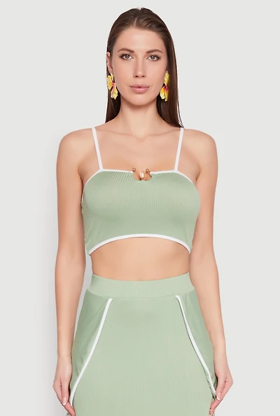 Womens Metallic Notch Neck Contrast Trim Crop Top, Green, Size M
