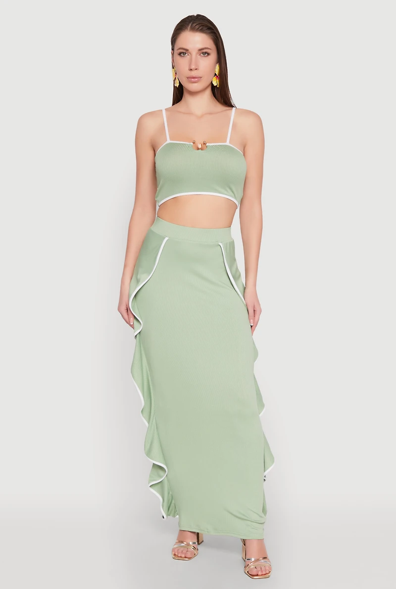 Womens Metallic Notch Neck Contrast Trim Crop Top, Green, Size M
