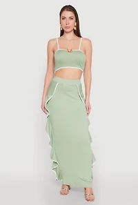 Womens Metallic Notch Neck Contrast Trim Crop Top, Green, Size M