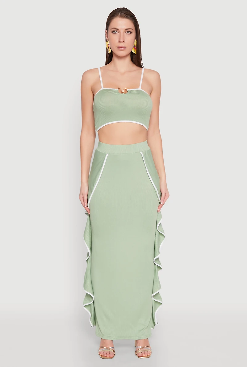 Womens Metallic Notch Neck Contrast Trim Crop Top, Green, Size L