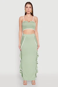 Womens Metallic Notch Neck Contrast Trim Crop Top, Green, Size L