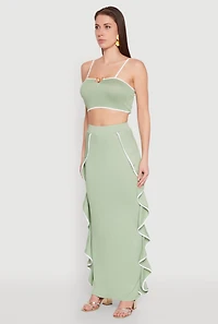 Womens Metallic Notch Neck Contrast Trim Crop Top, Green, Size M